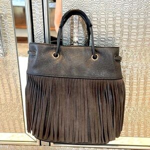 Simply Noelle embossed handbag with suede front fringe dark gray 2 hand handles